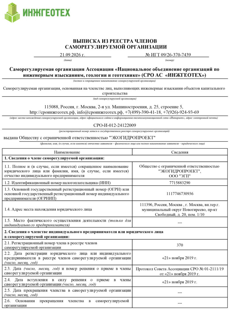 Выписка СРО Изыскания